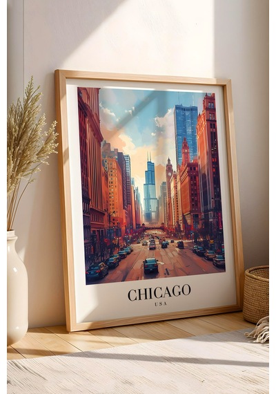 Chicago Usa City Architecture Vintage Poster Çerçeveli Tablo - Premium Şehir Elit Duvar Dekoru Kayın