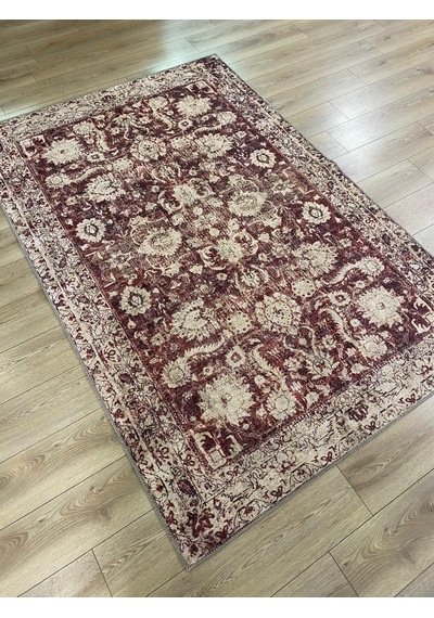 Çam Halı Anatolia 32-048 Etnik Eskitme Desenli Dokuma Tabanlı Yıkanabilir Şönil Salon Ve Oda Halısı Krem - Bordo
