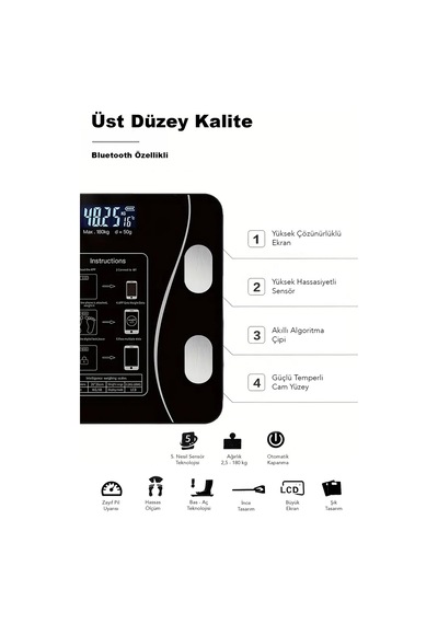 Dijital Bluetooth Baskül - Yağ Su Kas Vücut Kitle Endeksi Kilo Ölçer Tartı Vücut Analiz Cihazı Siyah