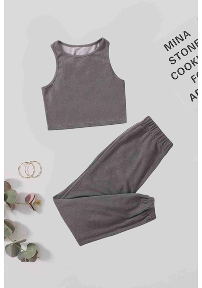 Merry See Tek Renk 1 Takım Kolsuz Polarlı Alt Üst Pijama Takımı Gri 001
