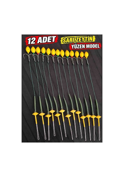 12 Adet Sarı Zeytin Yüzen Model Sazan Olta Takımı Büyük Iğneli Hazır Rig Ve Boli Seti