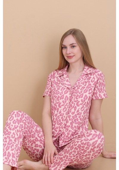 Wordex Mirano 9510-26 Desenli Pegasus Kumaş Düğmeli Kısa Kolu Kadın Pijama Takımı Pembe