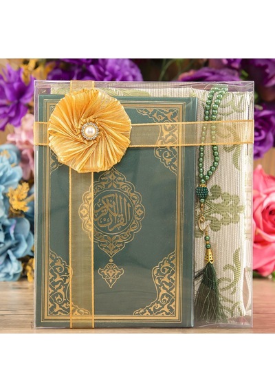 Hediyelik Kuran-ı Kerim, İnci Tesbih, Seccade, Asetat Kutulu 25x18 Cm Mevlid Paketi-yeşil