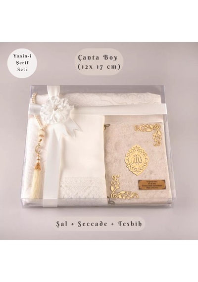 Şal + Seccade + Tesbih + Yasin Hediye Seti Çanta Boy, Şems Lafzatullah, Raşel Cilt, Krem