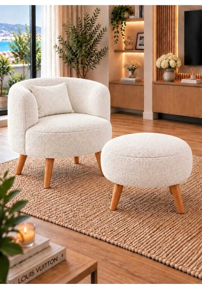 Marbella Teddy Kumaş Berjer Puf Hediyeli, Ahşap Ayaklı Dekoratif Tekli Koltuk Çay Seti Beyaz