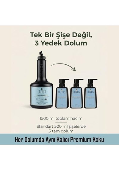 Olivos Zephyr Breeze Hamam Kokulu Zeytinyağlı Sıvı Sabun Refill 1500 Ml 3x500 Ml Nemlendirici, Uzun Süreli Kullanım, Ekonomik Aile Boyu Hamam Kokulu