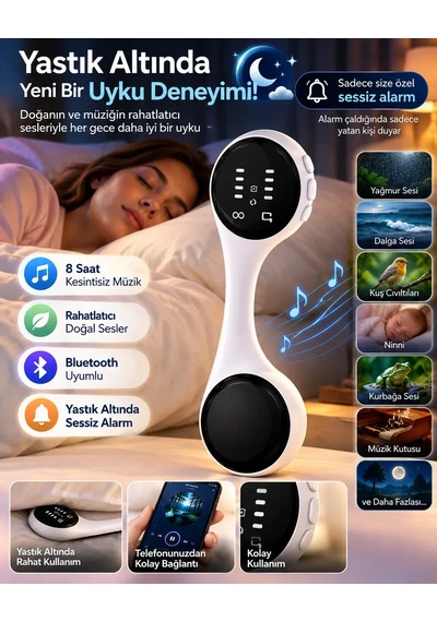 Sessiz Alarm Bluetooth Uyku Hoparlörü Yastık Altı Kullanım Rahatlatıcı Sesler 8 Saat Kesintisiz Müzik