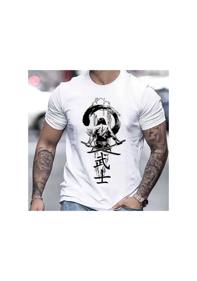 Caddemia Yaz Moda Rahat Spor Gevşek Japon Samuray Desen Baskılı Yuvarlak Yaka Kısa Beyaz 2XL
