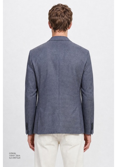 Altınyıldız Classıcs Erkek Mavı Yünlü Slim Fit Dar Kesim Mono Yaka Kapak Cepli Armürlü Blazer Ceket Mavi