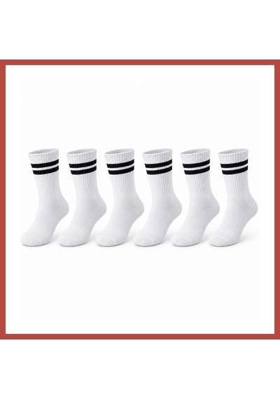 Bezos Unisex Beyaz Çorap Siyah Çizgili 6'lı Set Uzun Soket Günlük Spor Kolej Stil Rahat Kadın Erkek Çorabı Erdotıca