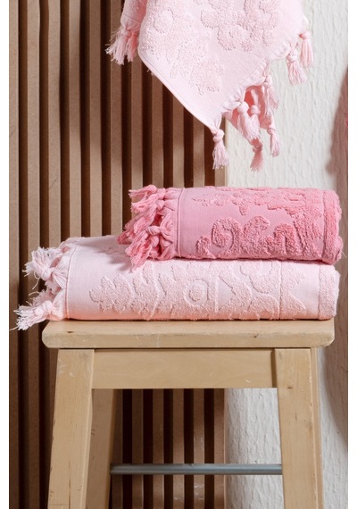 4'lü Hamam Seti %100 Pamuk 2 Adet 70x140 Beden, 2 Adet 50x90 El, Yüz, Saç Havlu Bağlamalı, 1250gr Pudra Pembe