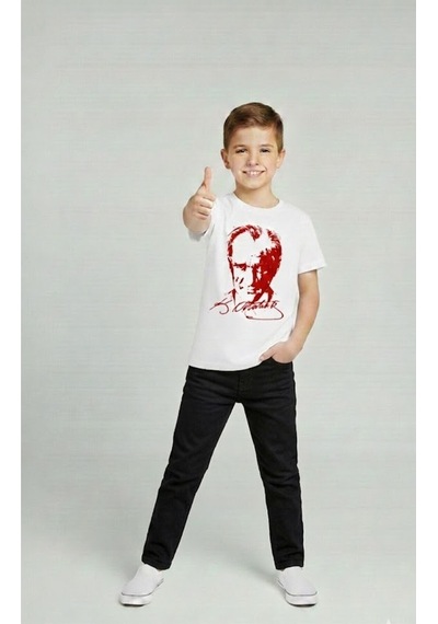 Nacar Store Erkek Çocuk Atatürk Baskılı T-shirt Ve Siyah Keten Pantolon Takım 23nisan 29ekim Özel Günler Siyah-beyaz