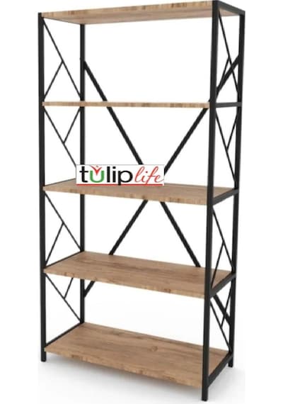 Tuliplife 5 Raflı Dekoratif Koyu Ceviz Metal Kitaplık, Tlpk05s.k