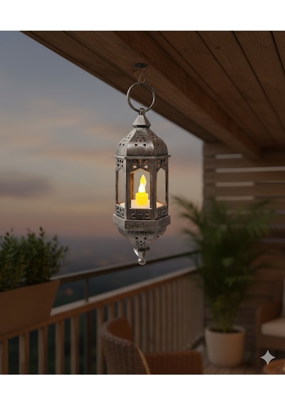 Ledli Asmalı Eskitme Model Dekoratif Fener 20 Cm Gümüş Kendinden Pilli Diğer