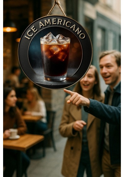 Ice Americano Temalı Yuvarlak Cafe Tabelası, Jüt İpli Ahşap Duvar & Kapı Dekoru, Barista Tarz Süs