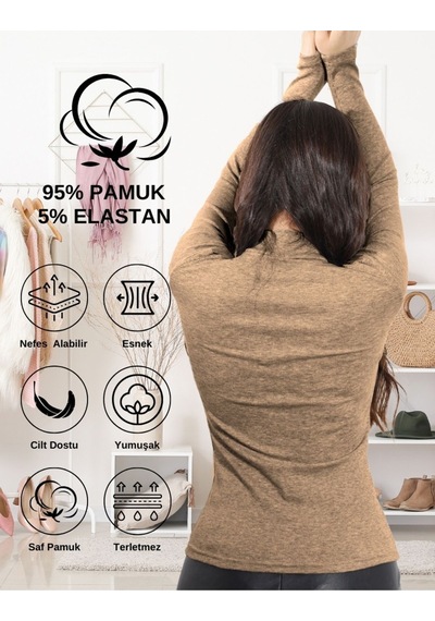 Alya Underwear Kaşkorse Yarım Boğaz Body Sweatshirt, Fitilli Kumaş, Likralı, Bordo Kahverengi Melanj