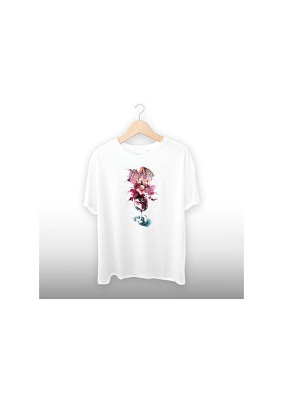 Renkli Kadeh Detaylı Unisex Tişört Beyaz