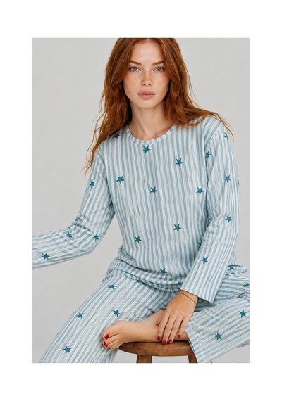 Fit Women Kadın Desenli Nefes Alan Mavi Pijama Takımı 4699