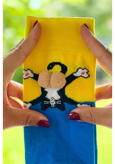 Lousocks Unisex Sarı Mavi Renk Bloklu Kedi Desenli Ponpon Soket Çorap