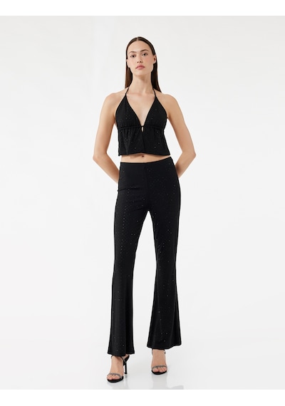 Koton Viskon Karışımlı Taş Detaylı Slim Fit İspanyol Paça Pantolon Siyah 5sak40030uk