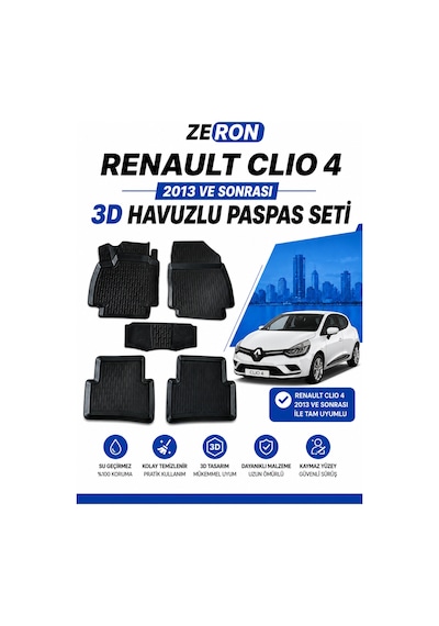 Renault Clio 4 2013 Ve Sonrası 3d Havuzlu Paspas Seti Su Geçirmez Kaymaz Siyah 5 Parça