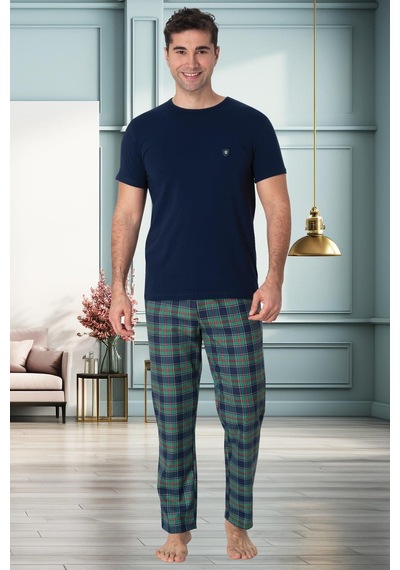 Mecit Pijama Mecit 2917 Lacivert Ekoseli Erkek Büyük Beden Pijama Takımı Lacivert