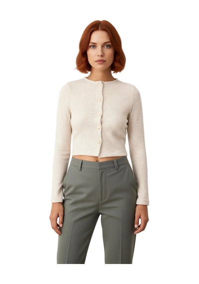 Frm Kadın Bisiklet Yaka Düğmeli Fitted Örme Crop Üst Kaliteli Şık Rah Bej
