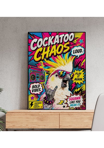 Bk Gift Cockatoo Chaos Yazılı Güneş Gözlüklü Kakadu Papağan Pop Art Renkli Kanvas Duvar Tablosu 50x70 Cm