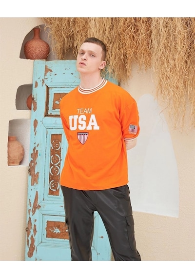 Novalisse Erkek Bisiklet Yaka Tişört Nakış İşlemeli Kısa Kol Oversize T-shirt - Turuncu Çoklu Renk