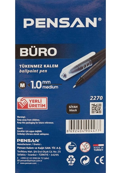 Mavi Tükenmez Kalem 1.0mm 2 Adet Pensan Büro Tipi Ballpoint Büro Plastik Kapaklı Tükenmez Kalem Mavi