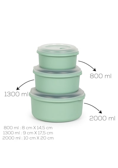 Porsima 5318 Kilitli Sızdırmaz Kapaklı Hava Tahliye Contalı Çok Amaçlı 3lü Yuvarlak Erzak Yiyecek Saklama Kabı Seti Yeşil - 800-1300-2000ml Yeşil