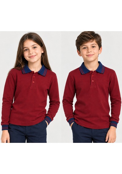 Nzy Lacivert Çizgi Yaka Bordo Uzun Kol Kız Ve Erkek Çocuk T-shirt