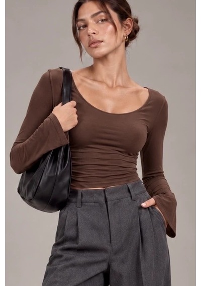 Bbbutikbasic Kadın U Yaka İspanyol Kol Uzun Kollu Slim Fit Bluz My3535 Kahverengi