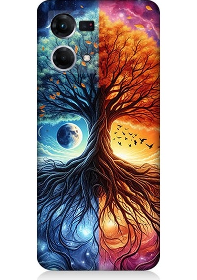 Oppo Reno 7 Uyumlu Hayat Ağacı Ve Gece Gündüz Desenli Silikon Kılıf Çok Renkli