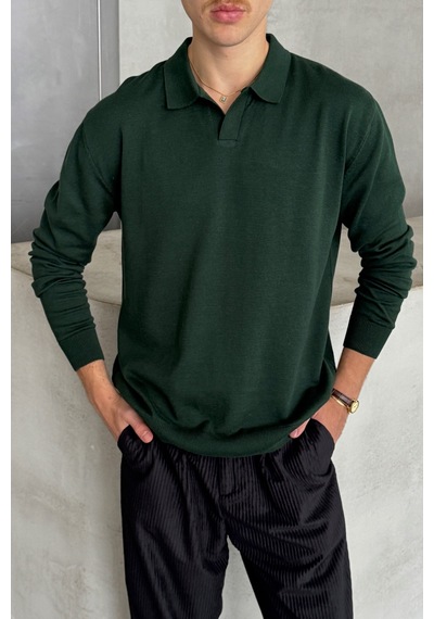 Erkek Pamuklu Polo Yaka Oversize Triko Kazak Yeşil