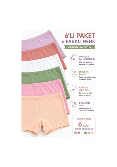 Westicgiyim Kız Çocuk Boxer 6 Lı Paket Fitilli Modal %48 Pamuk %47 Modal Esnek Yumuşak Çocuk İç Çamaşırı 3-12 Yaş Çok Renkli