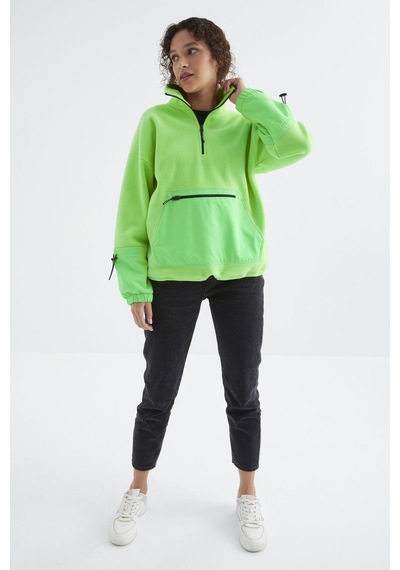 Tommy Life Neon Yeşil Etek Ucu Büzgülü Yarım Fermuarlı Oversize Kadın Polar Sweatshirt - 97238 Neon Yeşil