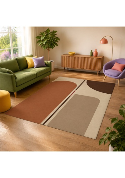 Kartela Halı Eksen Kemerli Modern Halı Bej Kaymaz Taban Makinede Yıkanabilir Salon Halısı 80x120 Cm