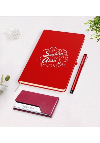Kişiye Özel Isimli Kırmızı Defter Kalem Kartvizitlik Hediye Seti- (505048550)