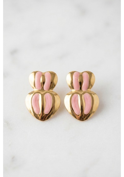 Gold Çizgili Pembe Mineli 2'li Kalp Çelik Küpe Çok Renkli