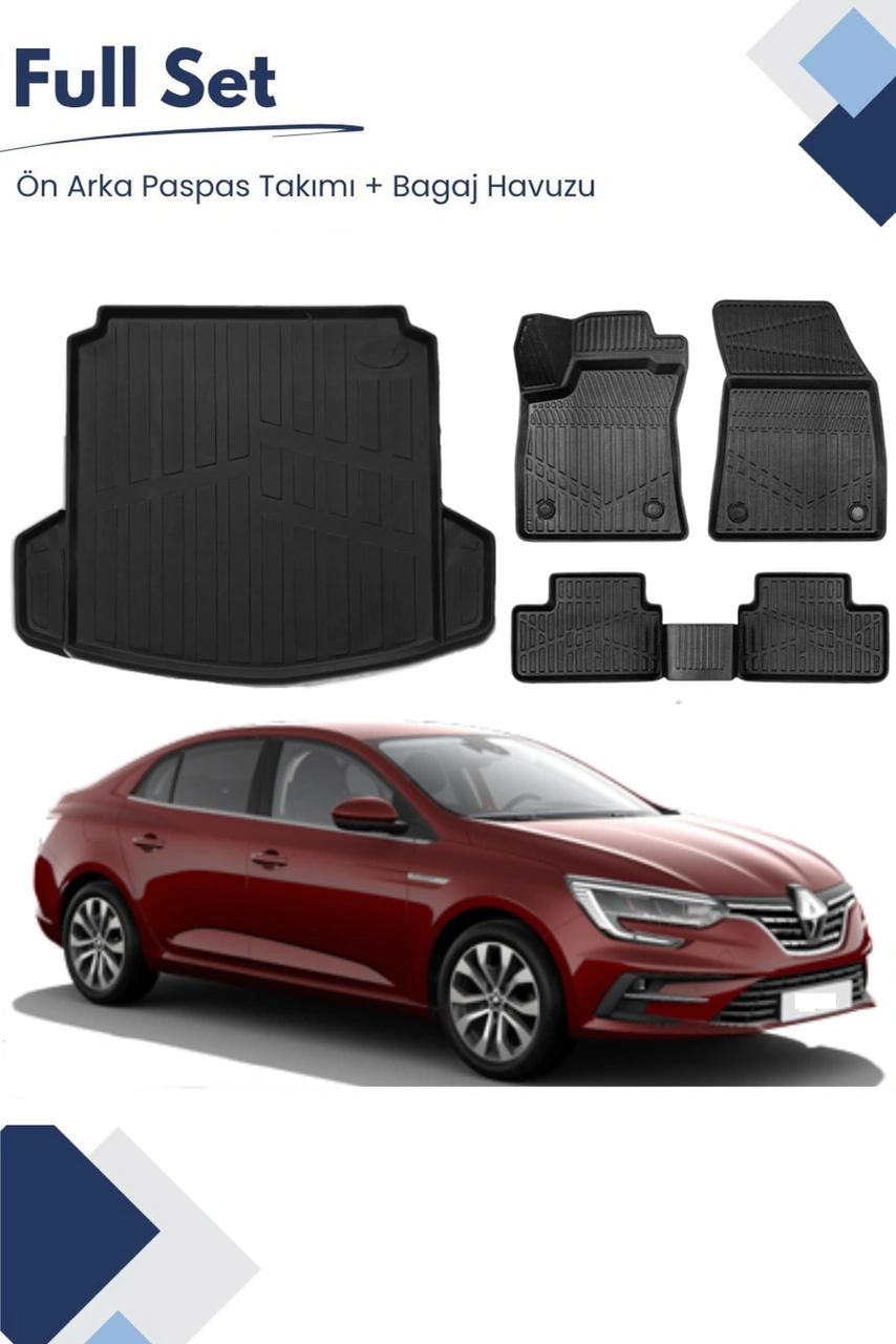 Renault Megane 4 Sedan 2018-2019-2020-2021 Model Tam Uyumlu Paspas+çift Kulaklı Bagaj Havuzu Seti