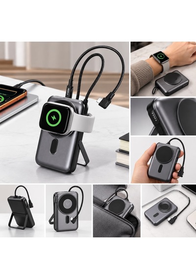 İphone 11 Pro Uyumlu 3 Ü 1 Arada Manyetik Kablosuz Şarjlı Powerbank Akıllı Saat Şarjı, Dahili Type-c Kablo Ve Stand Özellikli Siyah