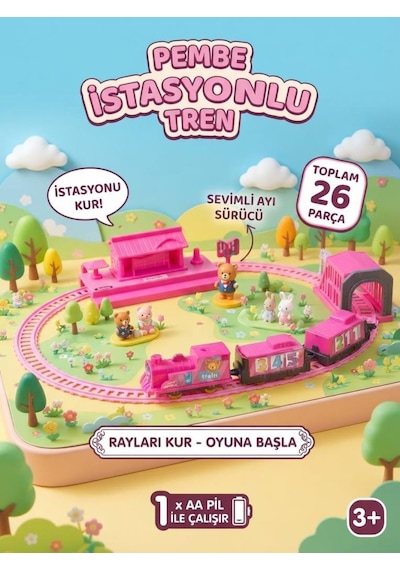 Pembe İstasyonlu Pilli Oyuncak Tren Seti - 26 Parça Hareketli Lokomatif Ve Vagon Seti