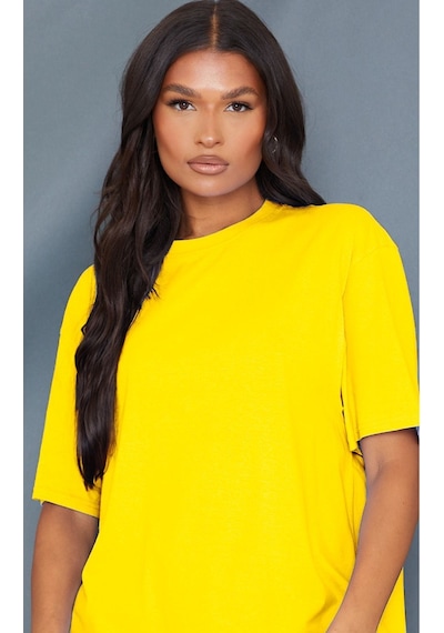 Düz Süprem T-shirt - Sarı Oversize Bisiklet Yaka Kısa Kol Tişört Sari