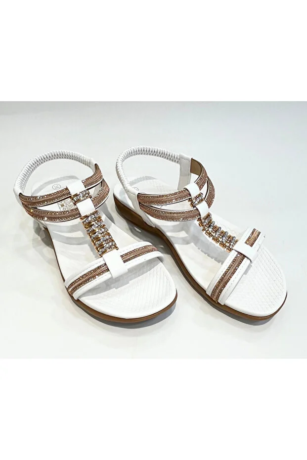 Guja 26y240-10 Kadın Taşlı Düz Taban Günlük Comfort Sandalet Beyaz