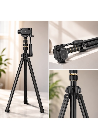 İphone 14 Pro Max Uyumlu 2'si 1 Arada Telefon & Kamera Tripodu 360 Döner Başlıklı Katlanabilir Taşınabilir Tripod