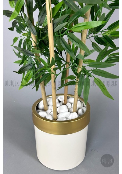 Yapay Bambu Ağacı 140cm Krem Gold Metal Saksıda Krem-gold