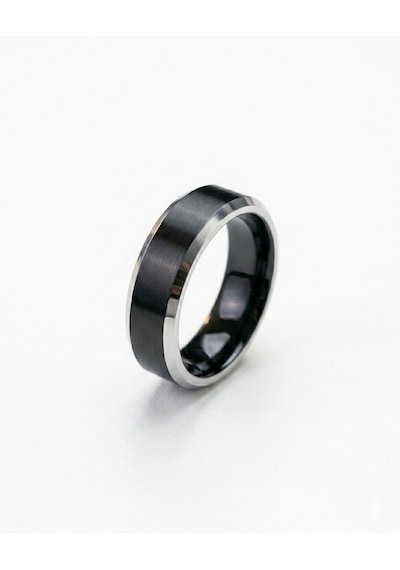 Erkek Siyah Renk Gümüş Detay 6 Mm Tungsten Yüzük