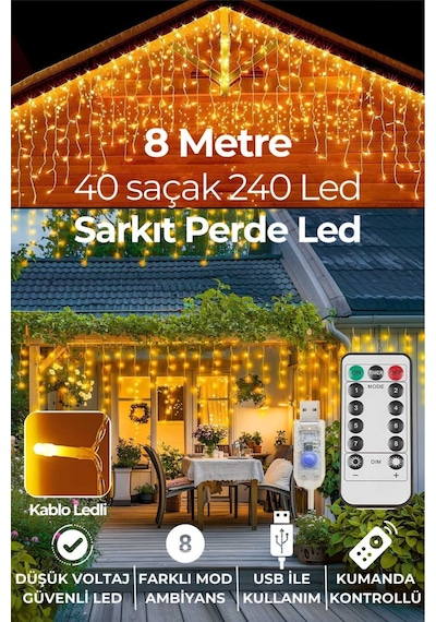8 Metre 192 Ledli Perde Led Saçaklı Kablolu Usbli Kumandalı Yılbaşı Parti Organizasyon