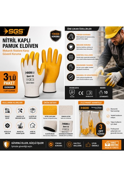 Sgs Nitril Kaplı Pamuk Eldiven 3 Lü Paket İş Eldiveni Mekanik Koruma En388